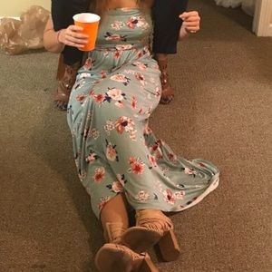 Strapless green maxi dress with clinched waist